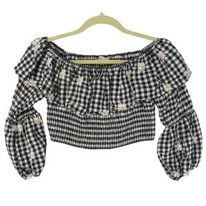 Zara Gingham Crop Off the Shoulder Top S Puff Sleeve Daisy Cottagecore